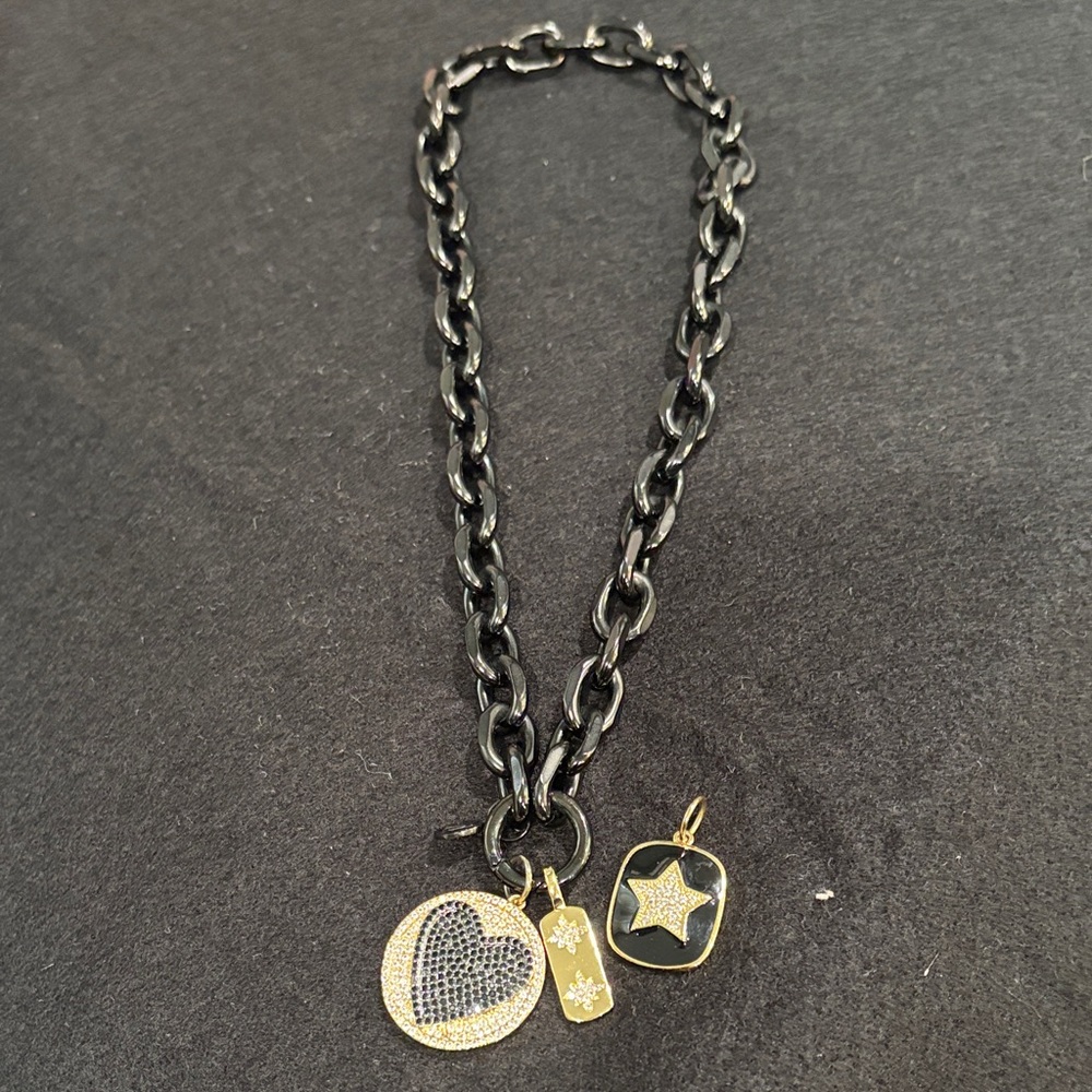 Oak & Ivy Chic Black Necklace with Gold Heart and Star Charms